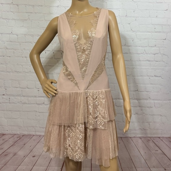 FREE PEOPLE “Dove Dress” Partial sheer Lace Drop waist tiered Skirt Size 12 nwt - Picture 2 of 16